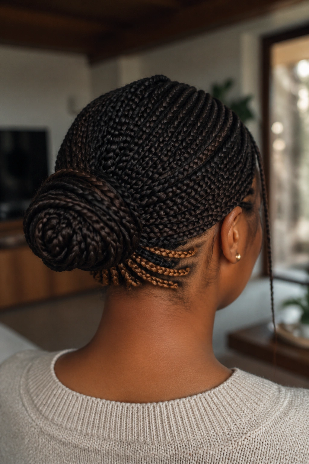 Back-of-head portrait showing espresso braids with caramel at the nape