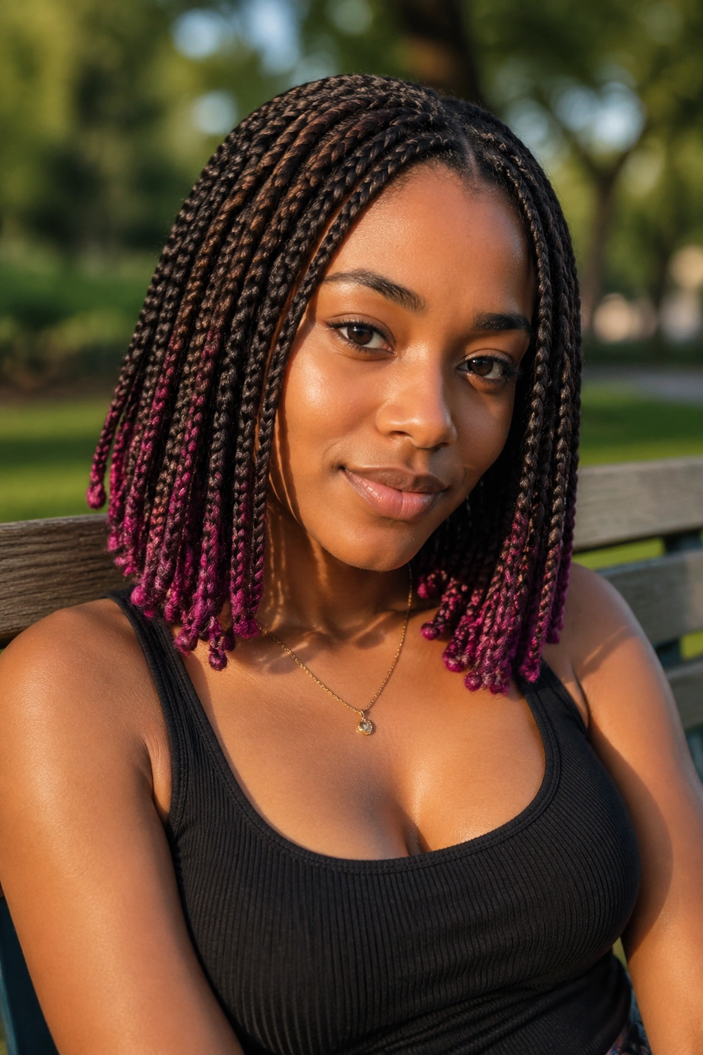 Portrait of real woman with espresso brown shoulder-length braids and fuchsia tips outdoors