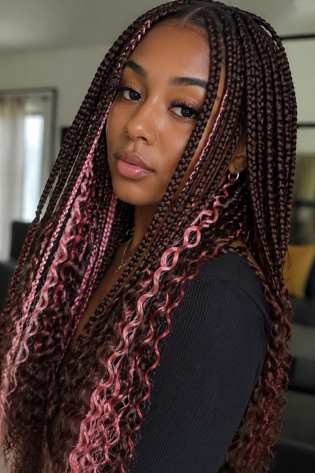Espresso brown box braids with hidden pink peekaboo pieces on a real person