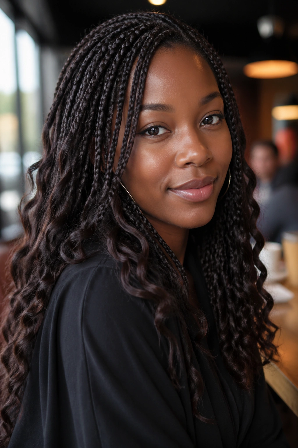 Portrait of a real woman with espresso-brown braids and soft curls in warm light