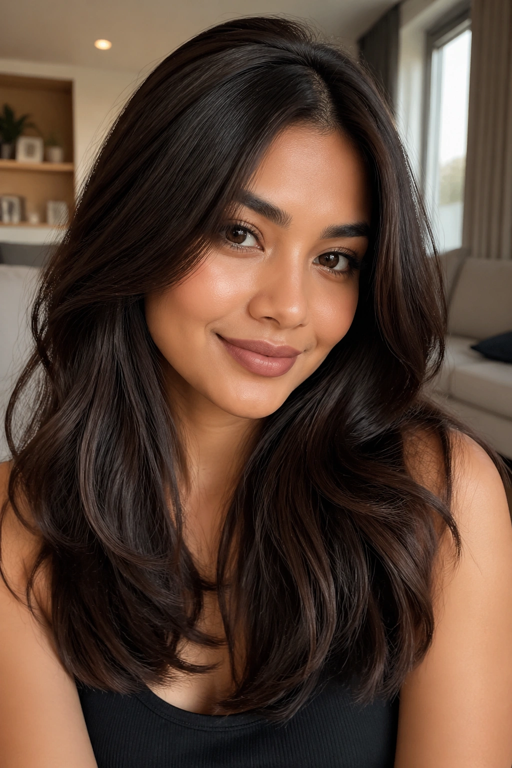 Close-up of a woman with espresso brown hair and soft dimensional highlights