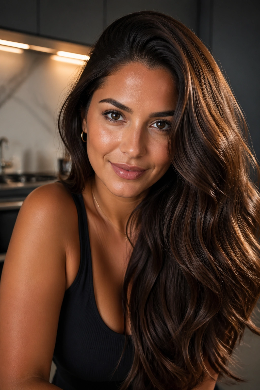 Close-up of real person with espresso brown hair and golden sheen