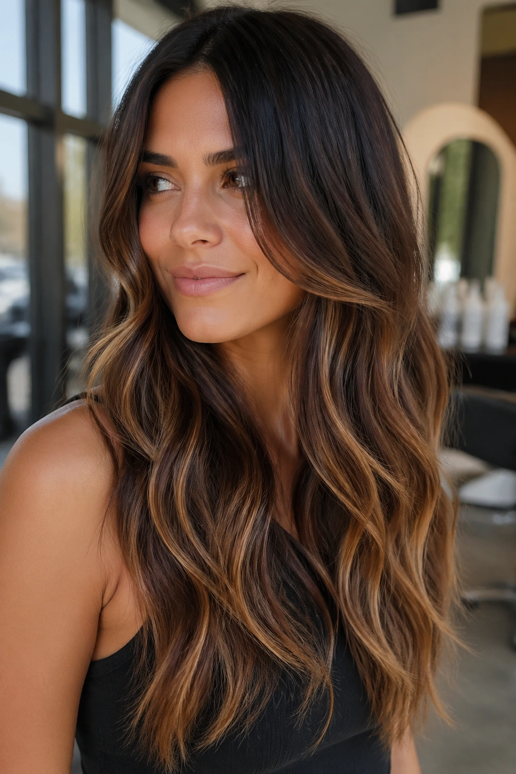 Close-up portrait of brunette with espresso roots and honey caramel ends