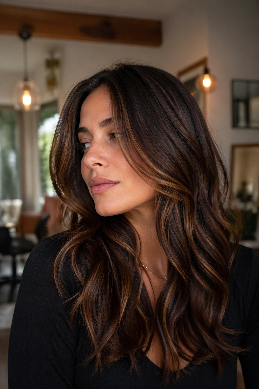 Close-up of real woman with espresso hair and caramel ribbons.