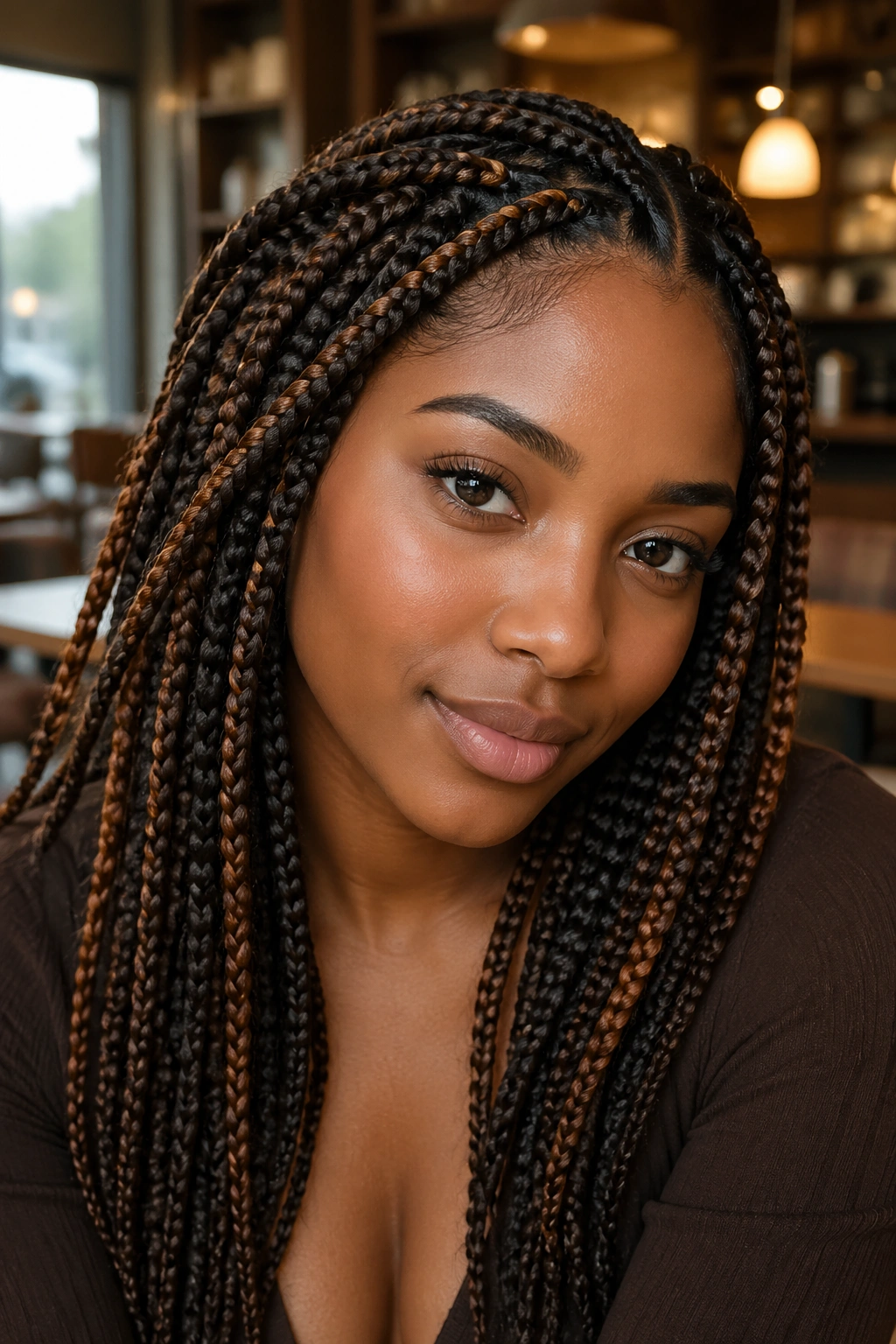 Real woman with espresso base braids and cinnamon highlights