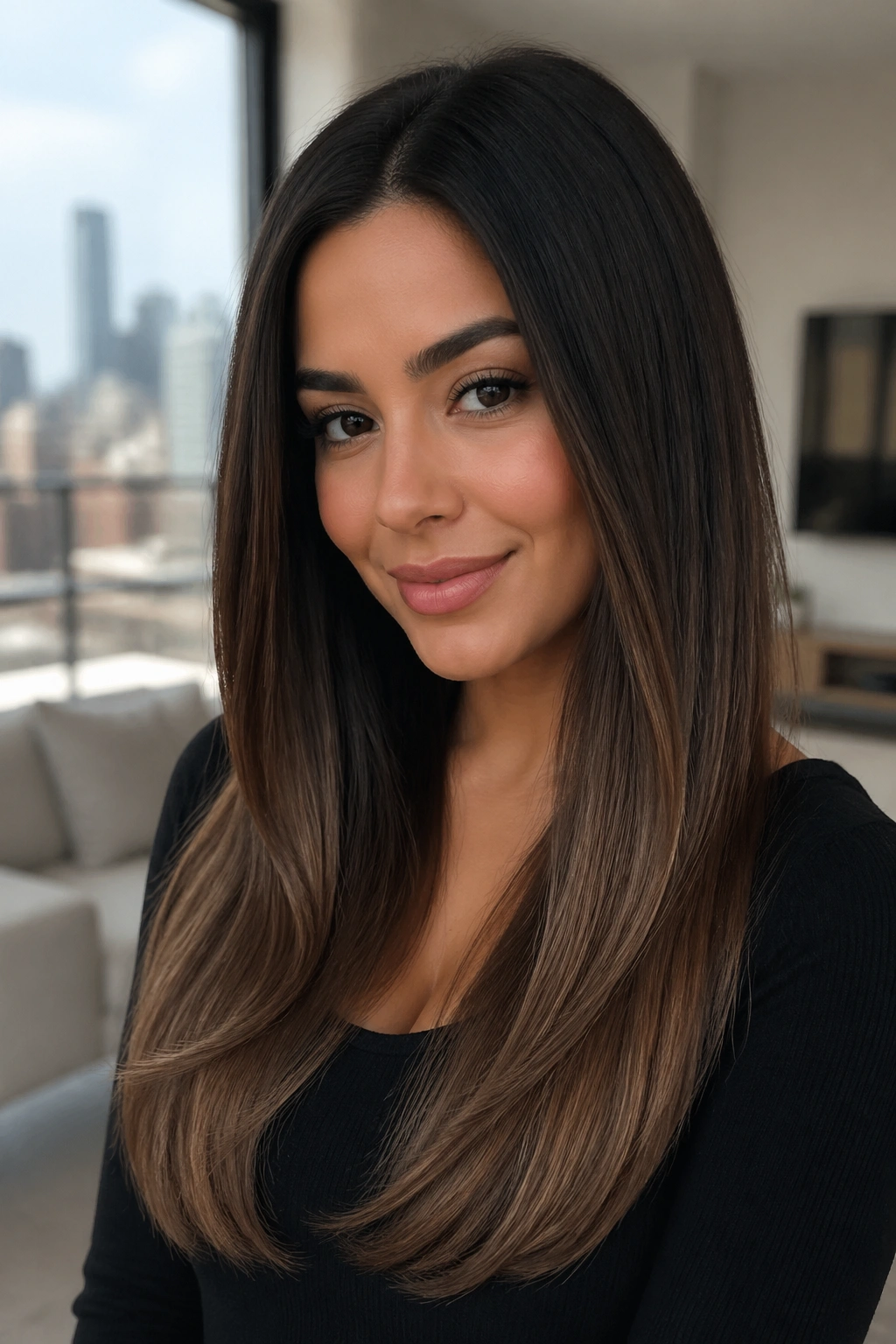 Close-up of espresso to cool cocoa ombre on a real person with dark roots fading to cool brown ends