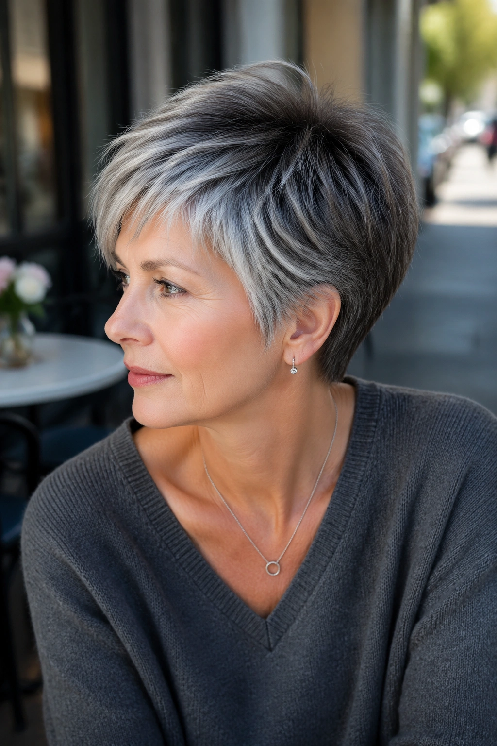 Close-up portrait of a real woman with a soft pixie haircut and espresso crown shadows.