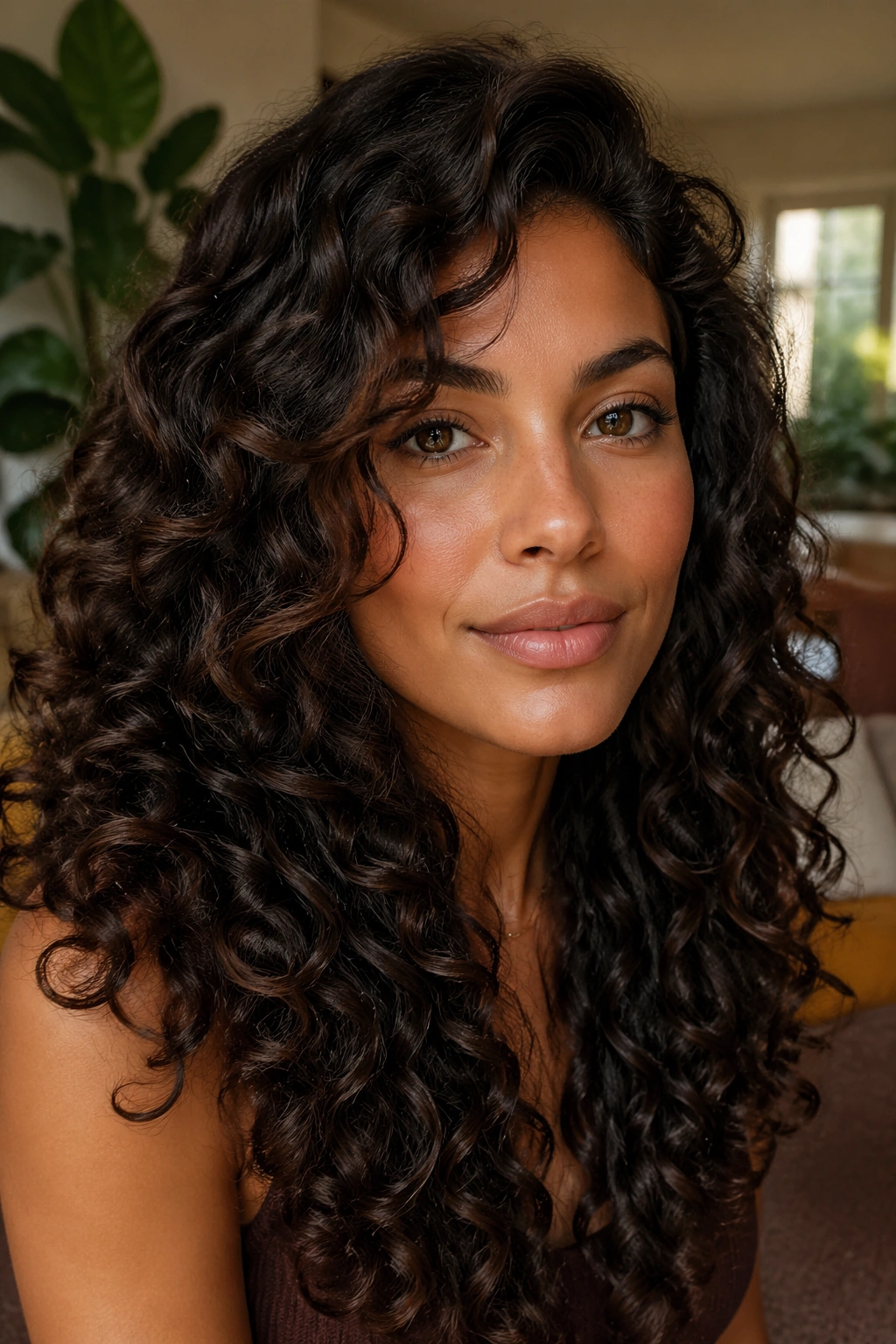 Close-up of a real woman with rich espresso curls in a warm living space