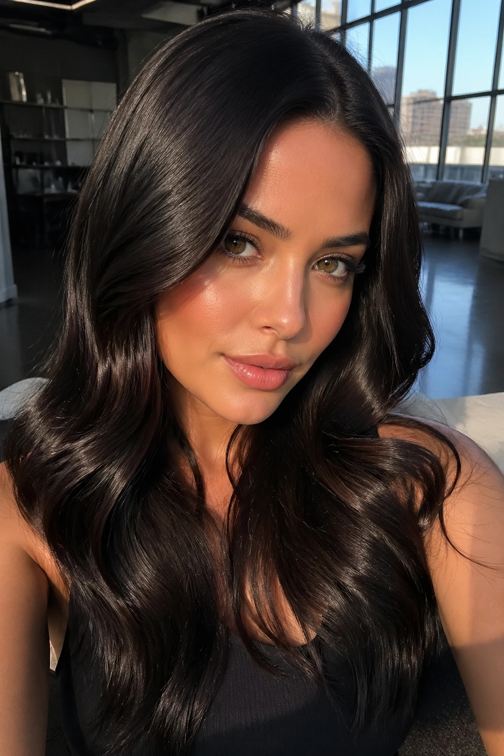 Close-up of a real woman with Espresso Gloss near-black hair and mirror-like shine.