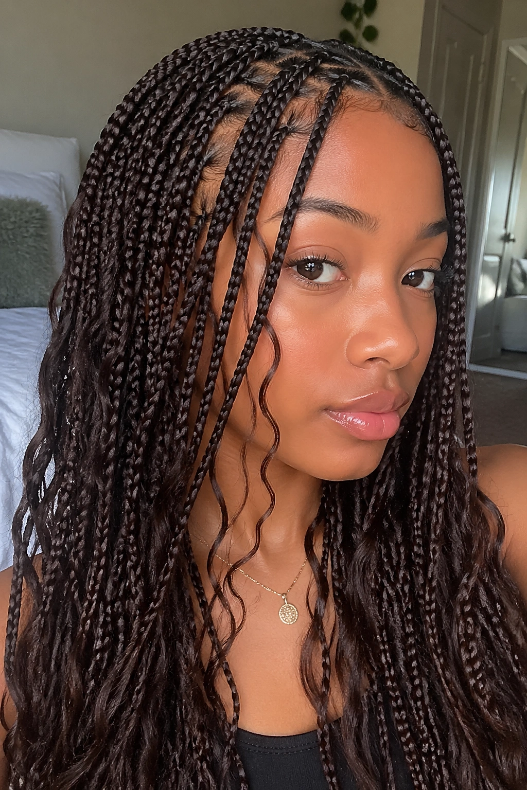 Portrait of espresso brown knotless boho box braids on a real person