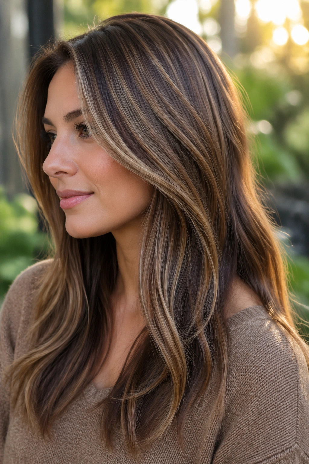 Portrait of a real woman with light brown hair and espresso lowlights adding depth.