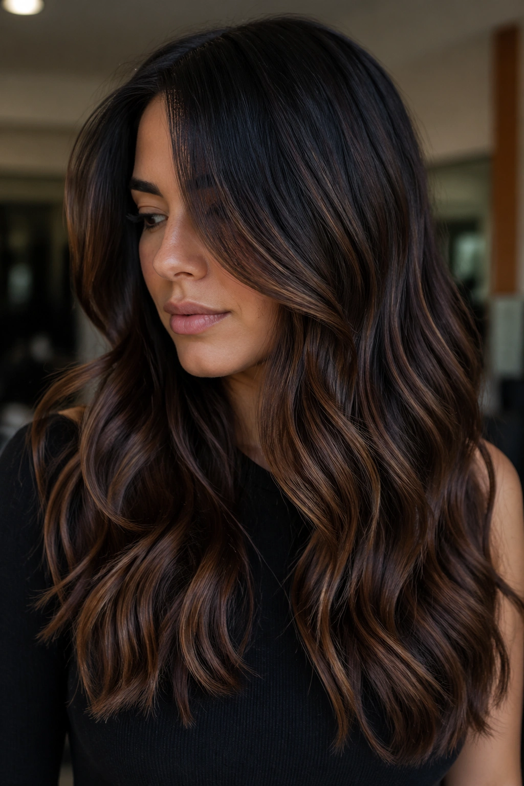 Close-up portrait of espresso mocha melt on real hair.