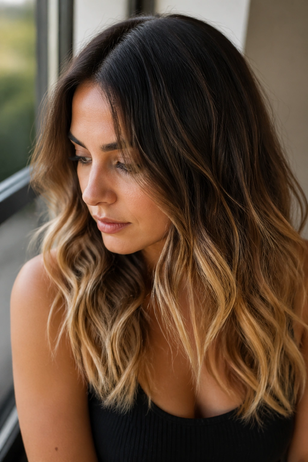 Close-up of espresso root smudge with gold blonde tips on real person