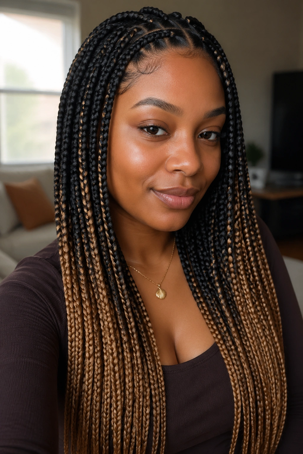 Close-up of a real woman's espresso-rooted knotless box braids fading to honey ends