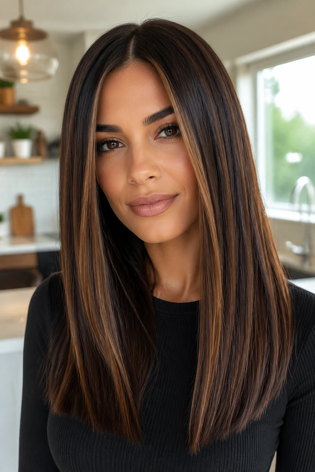 Close-up of a real woman with espresso and toffee balayage in a straight, center-parted hairstyle