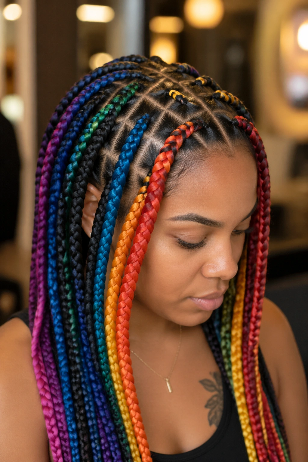 Close-up of evenly spaced rainbow jumbo box braids on a real person