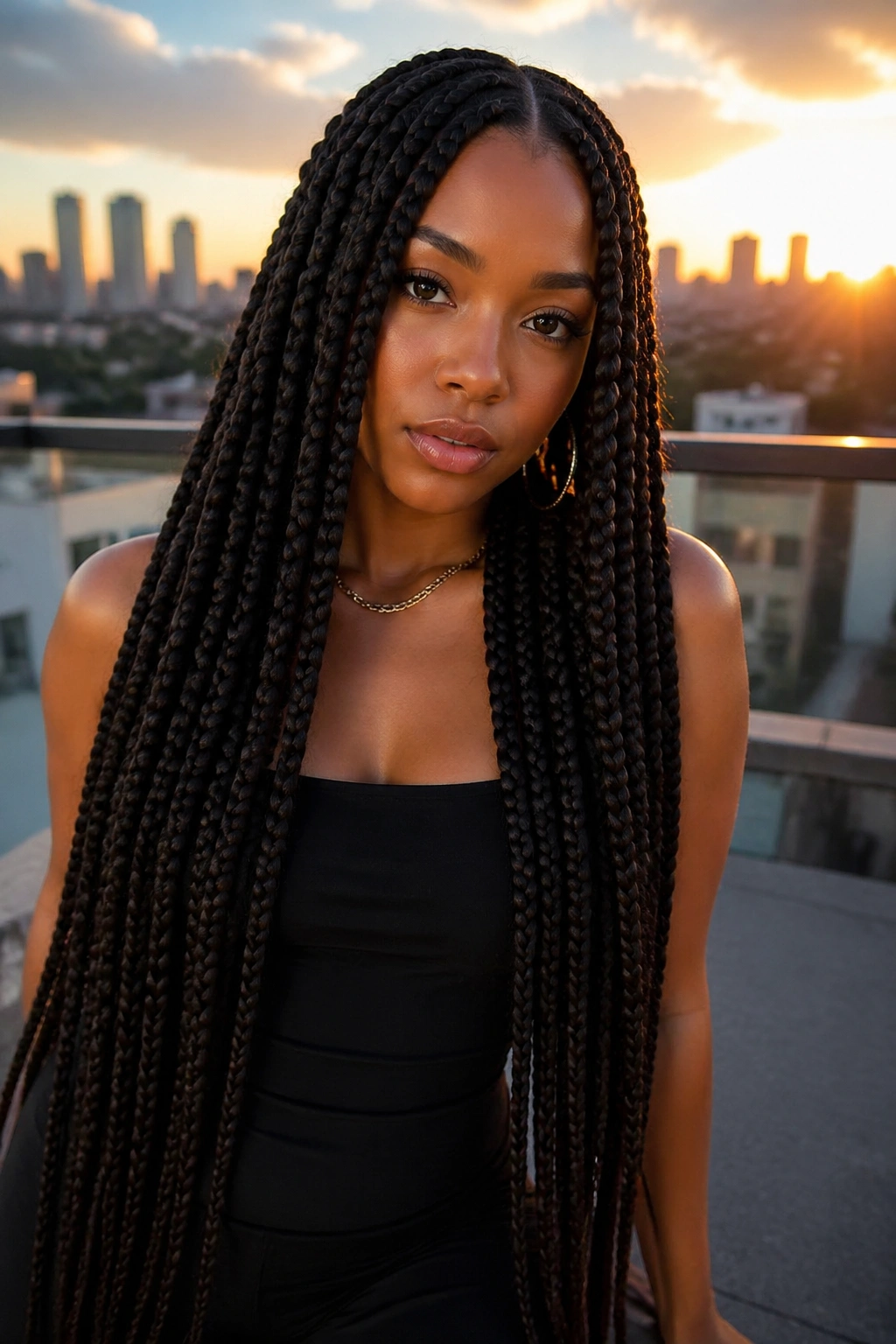 Close-up of a real woman with extra-long jumbo feed-in braids and a sleek middle part
