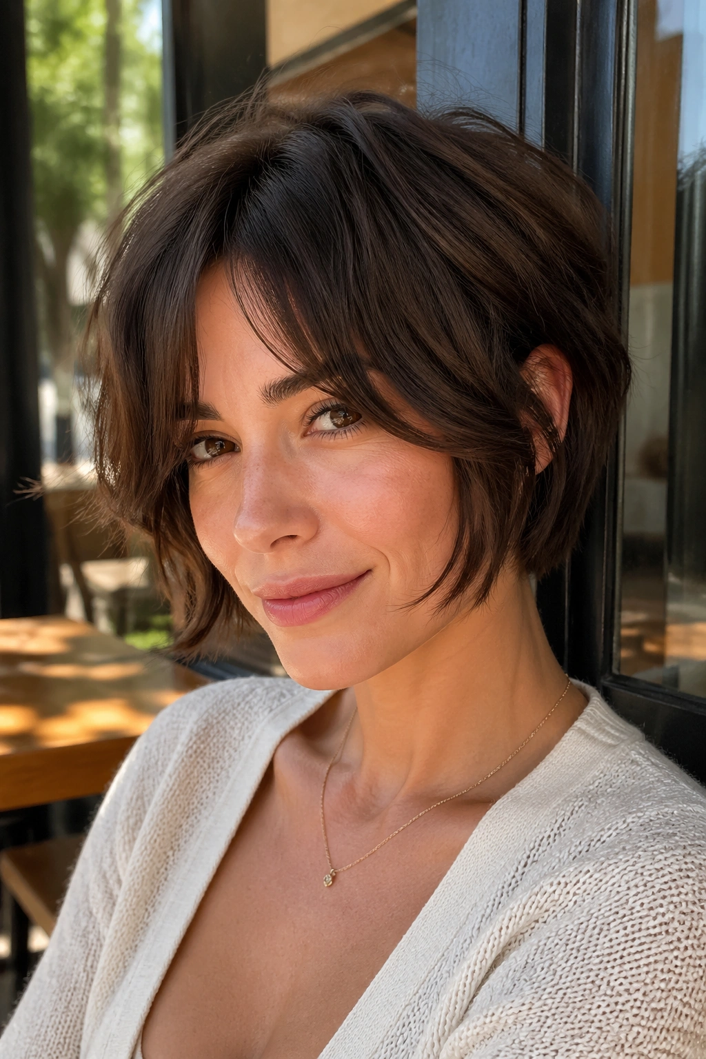 Close-up portrait of a real person with a Face-Frame Bixie that balances thick hair in a sunlit cafe