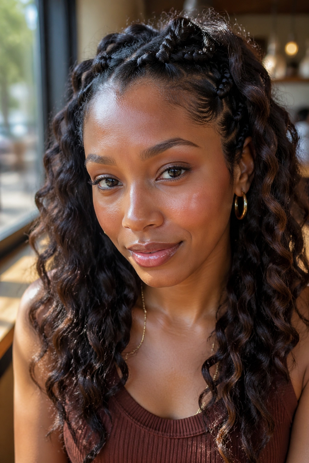Portrait of a real woman with face-frame braid-out at the temples and soft waves