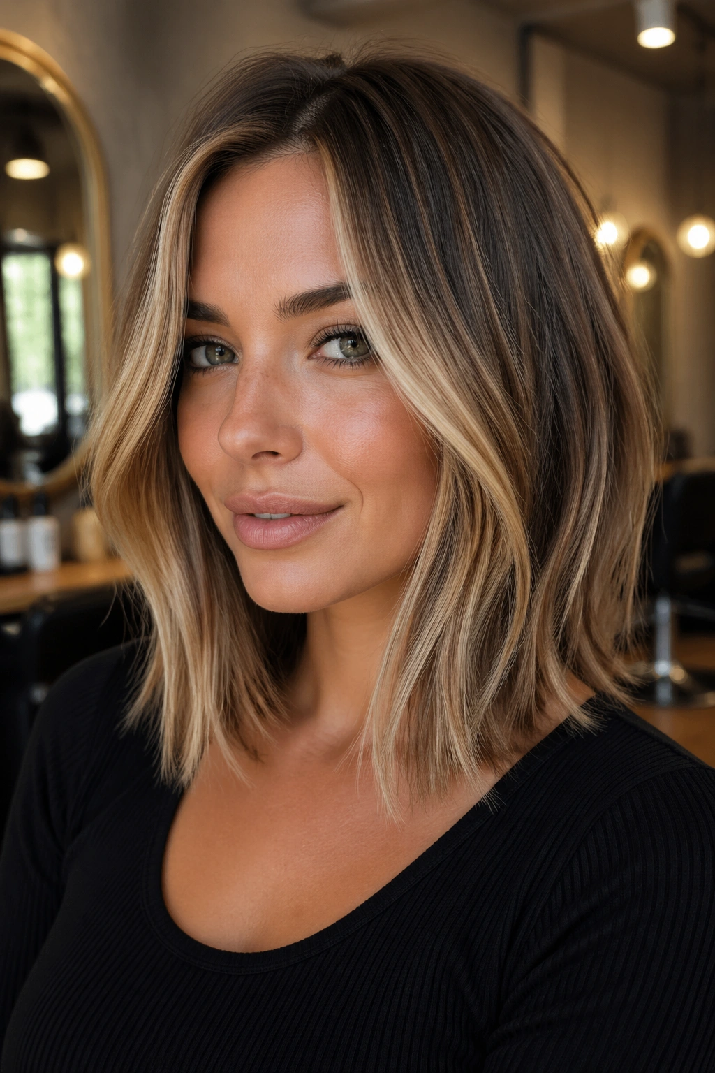 Close-up of real woman with face-framing balayage on a long bob