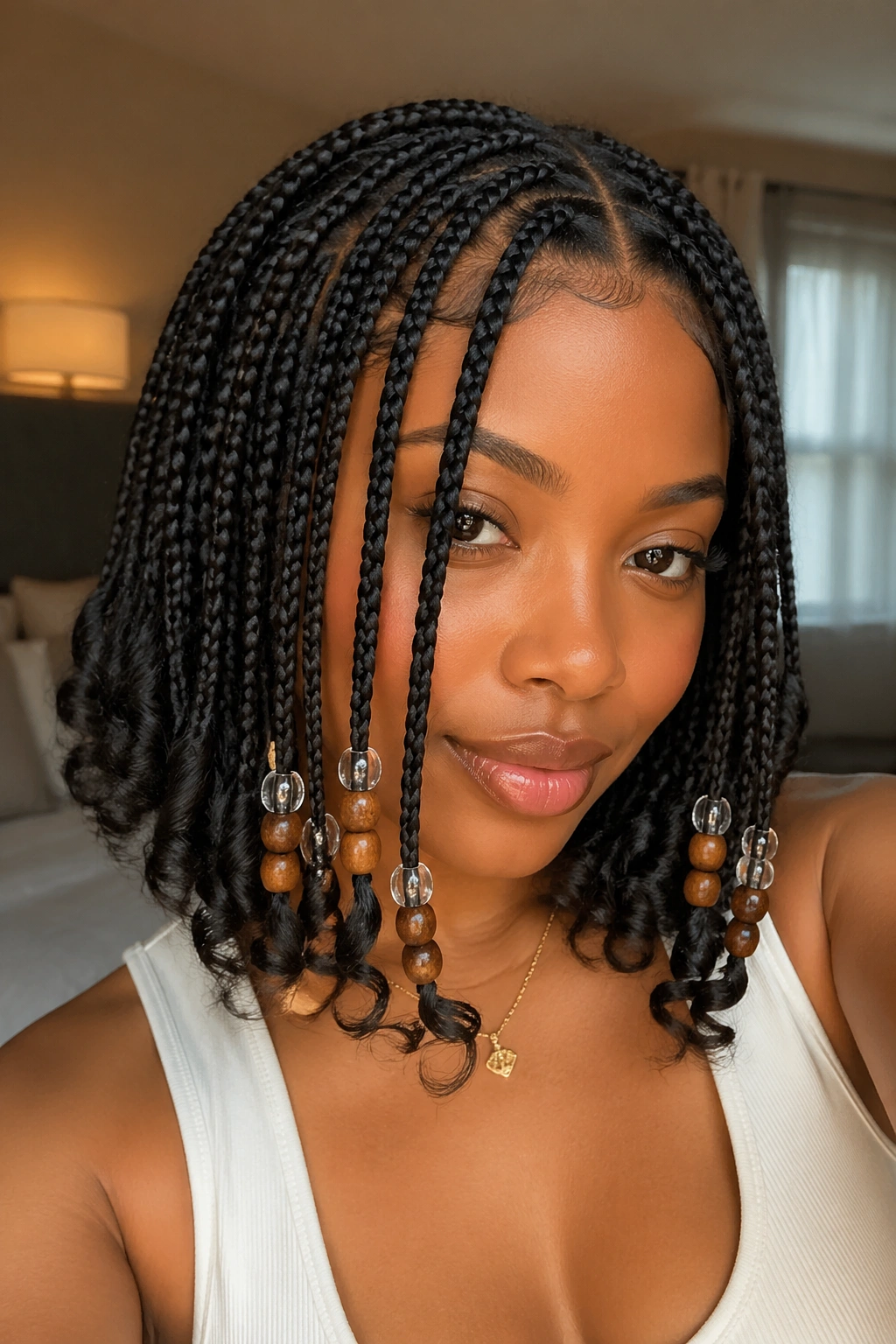 Close-up of a woman with face-framing bob, beads on front braids and curled ends