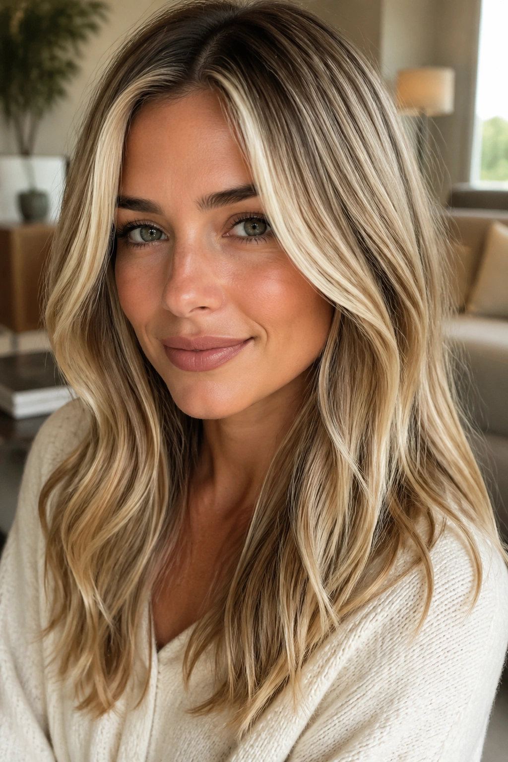 Close-up of a real woman with face-framing darker pieces in blonde hair, soft natural light