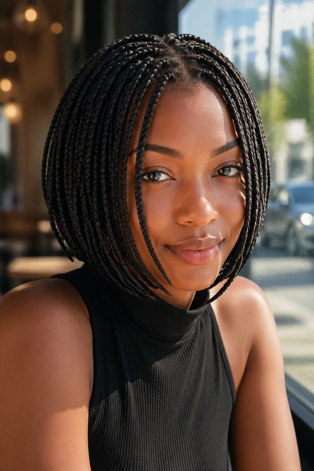 Real woman with face-framing bob and longer front braids framing the face