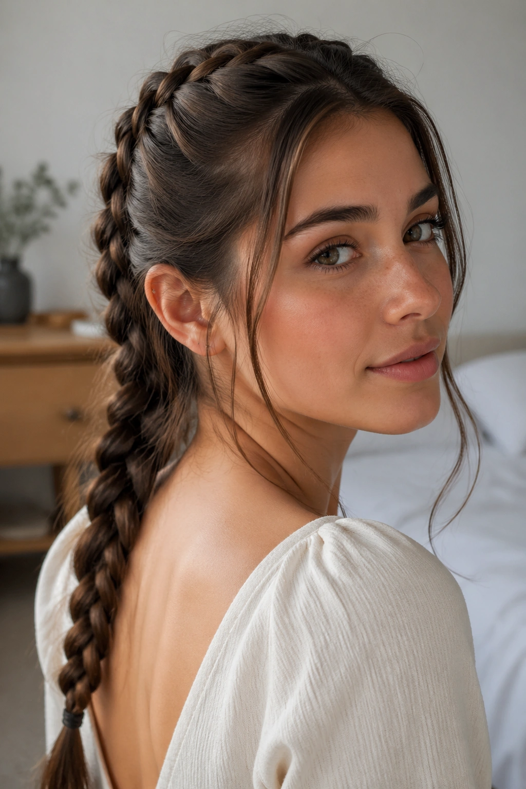 Portrait of a woman with a French braid and face-framing pieces at the temples