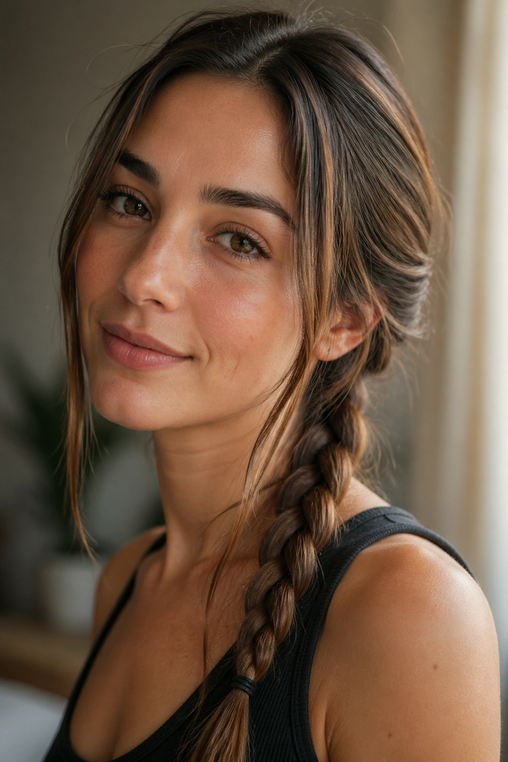 Close-up of a real woman with a face-framing braid and soft pieces near the temples