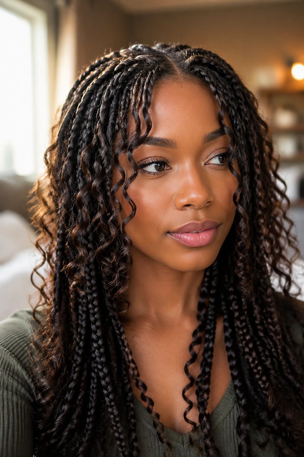 Real woman with face-framing braid layers and soft curtain curls