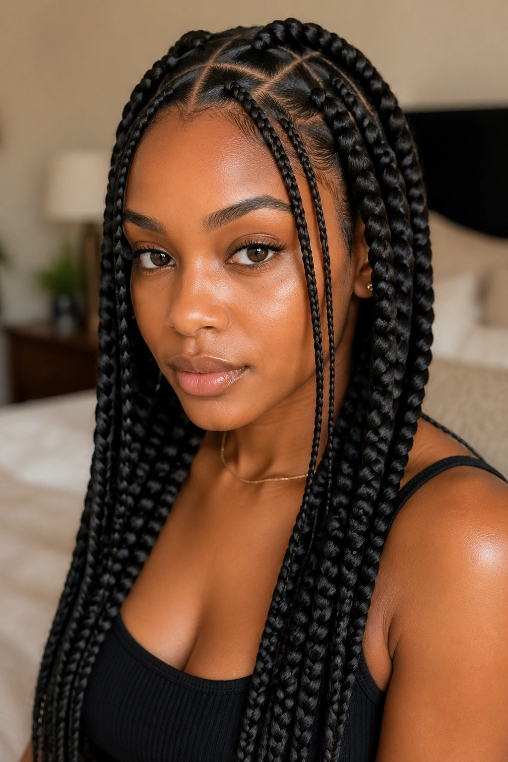 Close-up of a real woman with small face-framing front braids among jumbo feed-in box braids