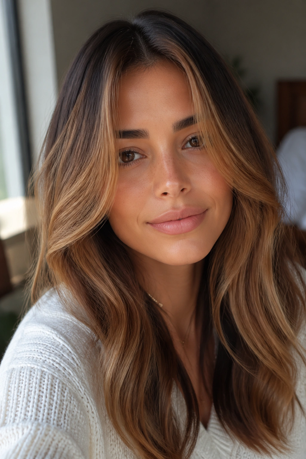 Portrait of a real woman with a soft caramel veil framing her face