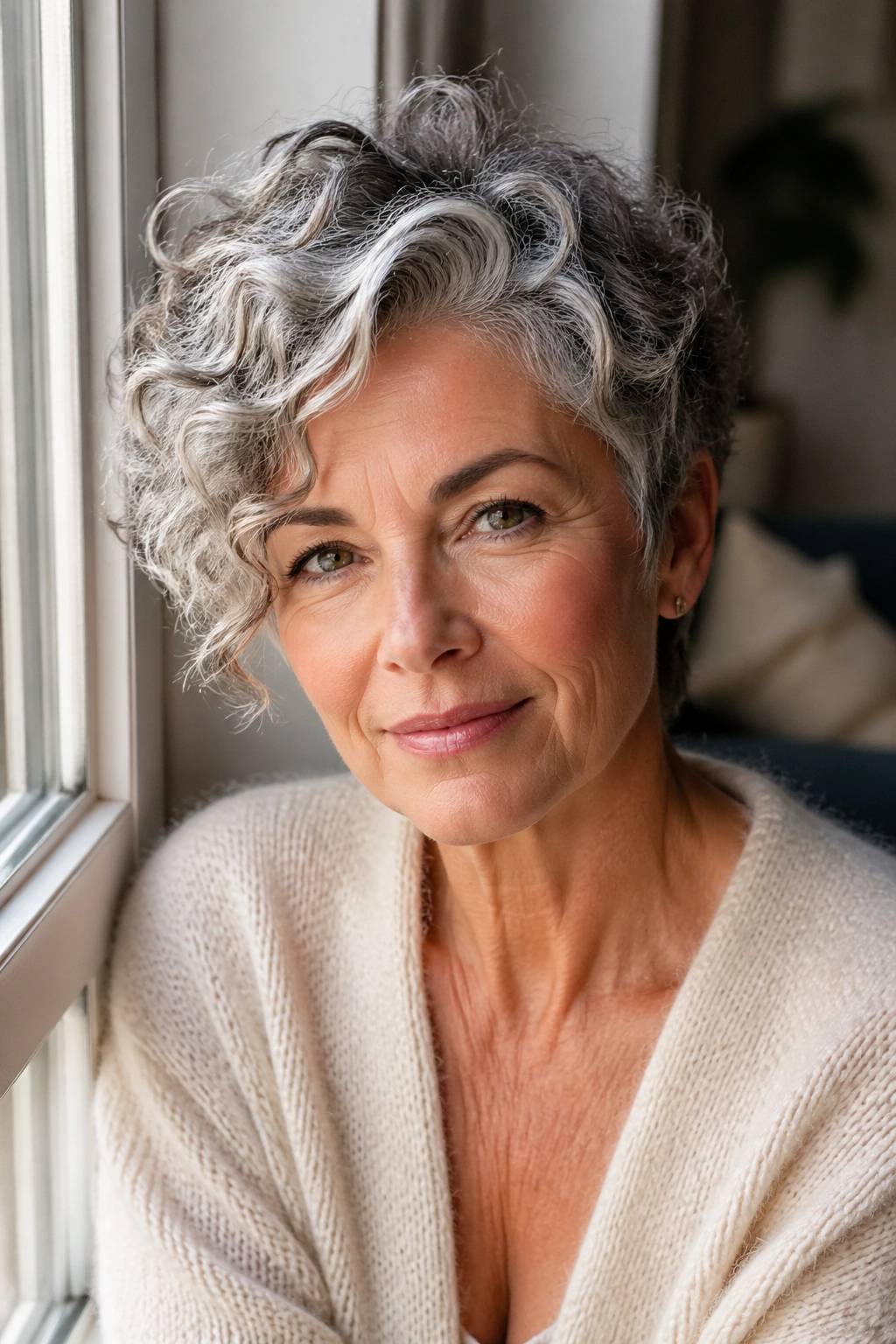 Close-up portrait of a real woman with face-framing crop and long top hairstyle