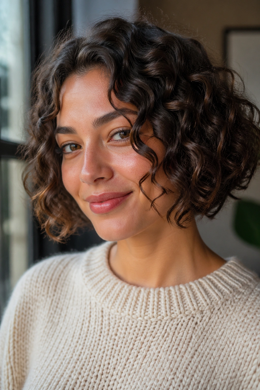 Real woman with face-framing curls around cheeks