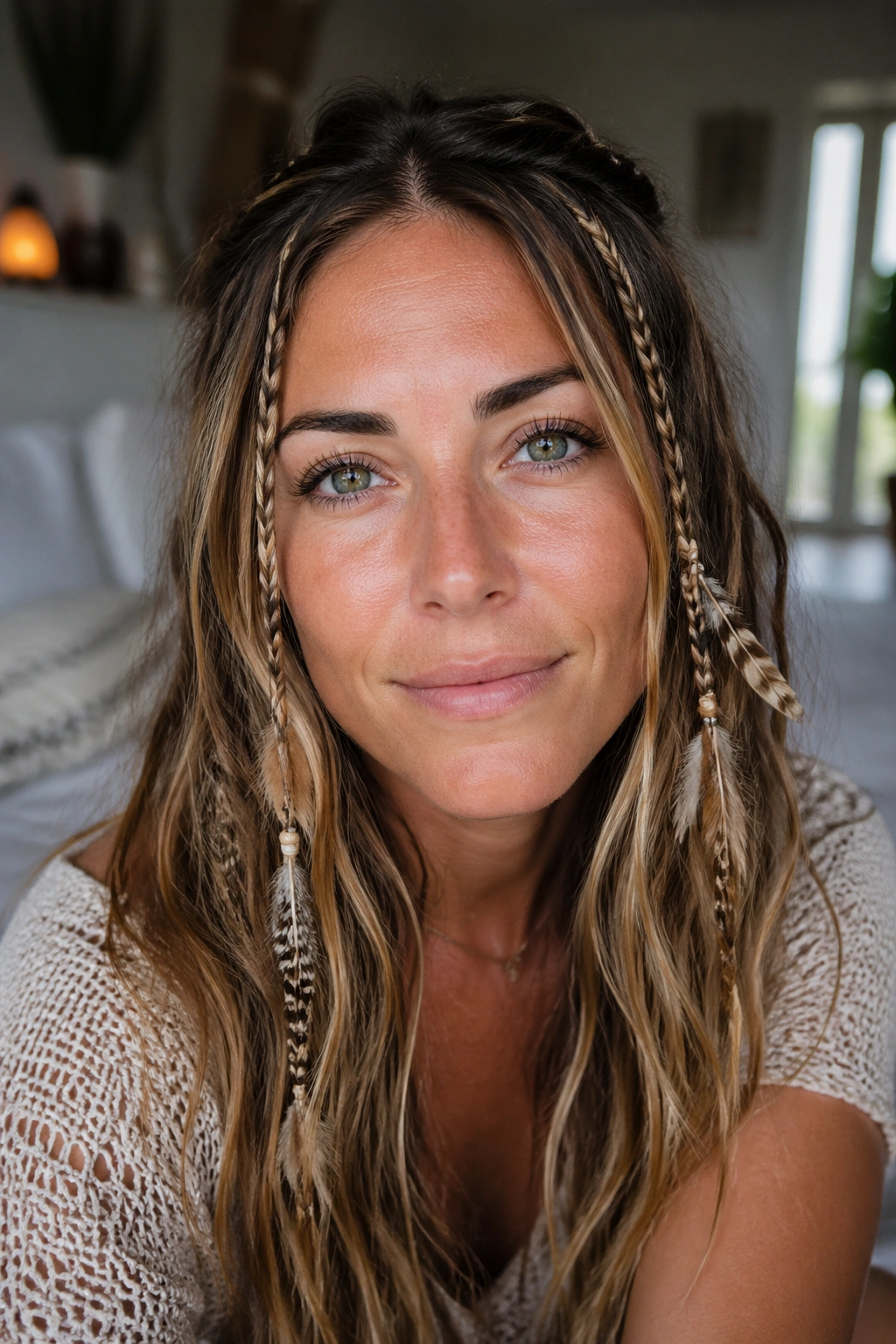 Close-up of real woman with face-framing feather braids in window light.