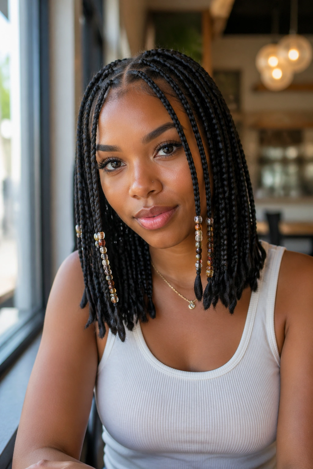Face-framing beads on the front knots of a real person's braids