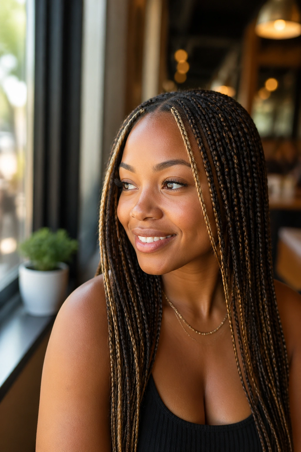 Close-up of a real woman with face-framing blonde highlights in knotless braids