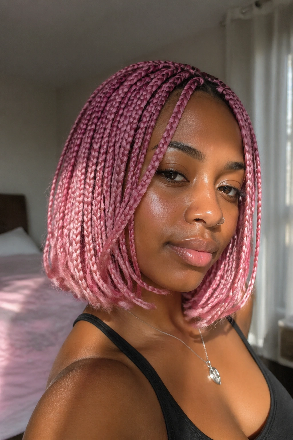 Close-up of a real person with a pink braided bob and face-framing layers