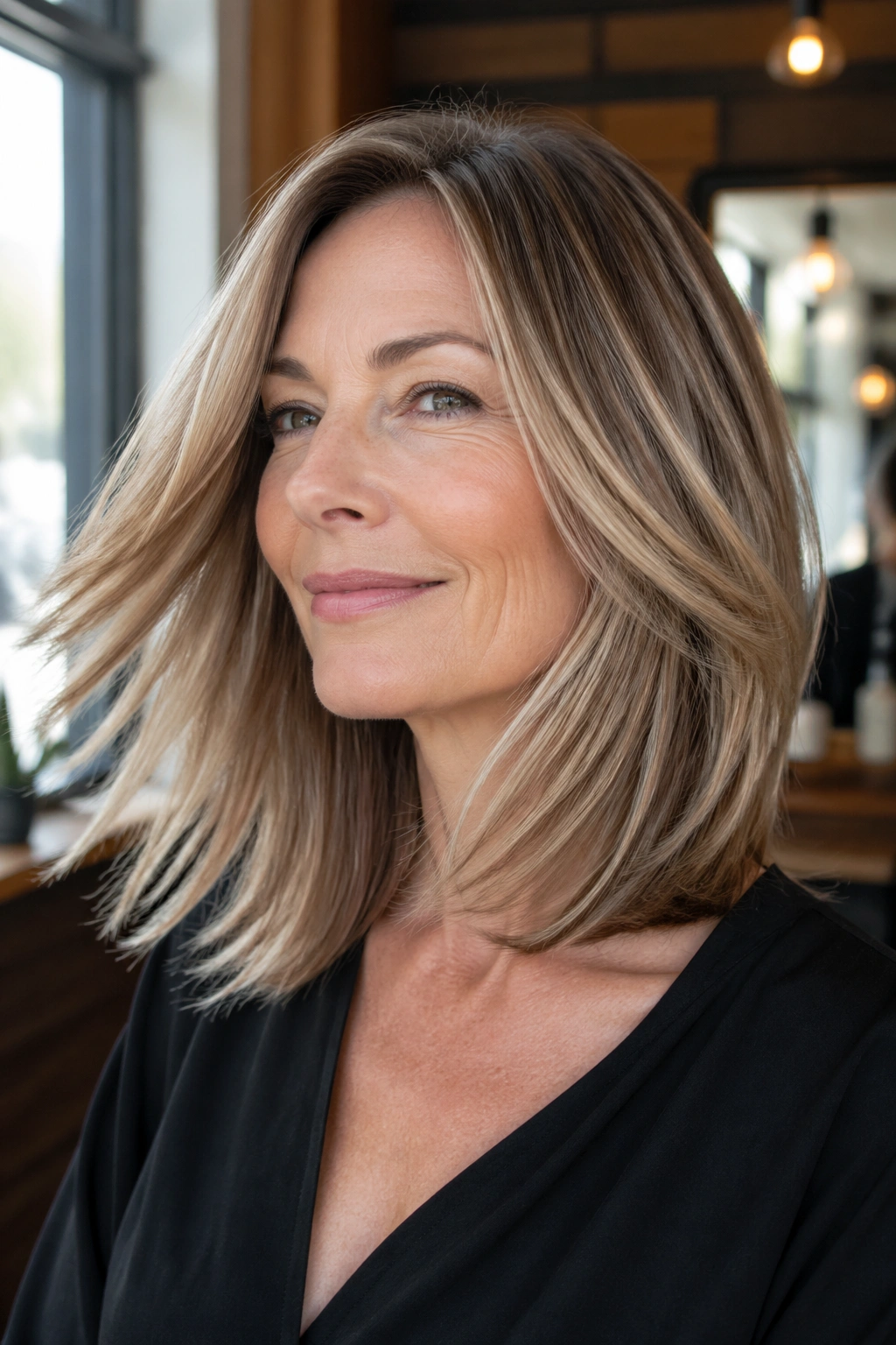 Close-up of a real woman with a face-framing lob featuring long internal layers and soft movement