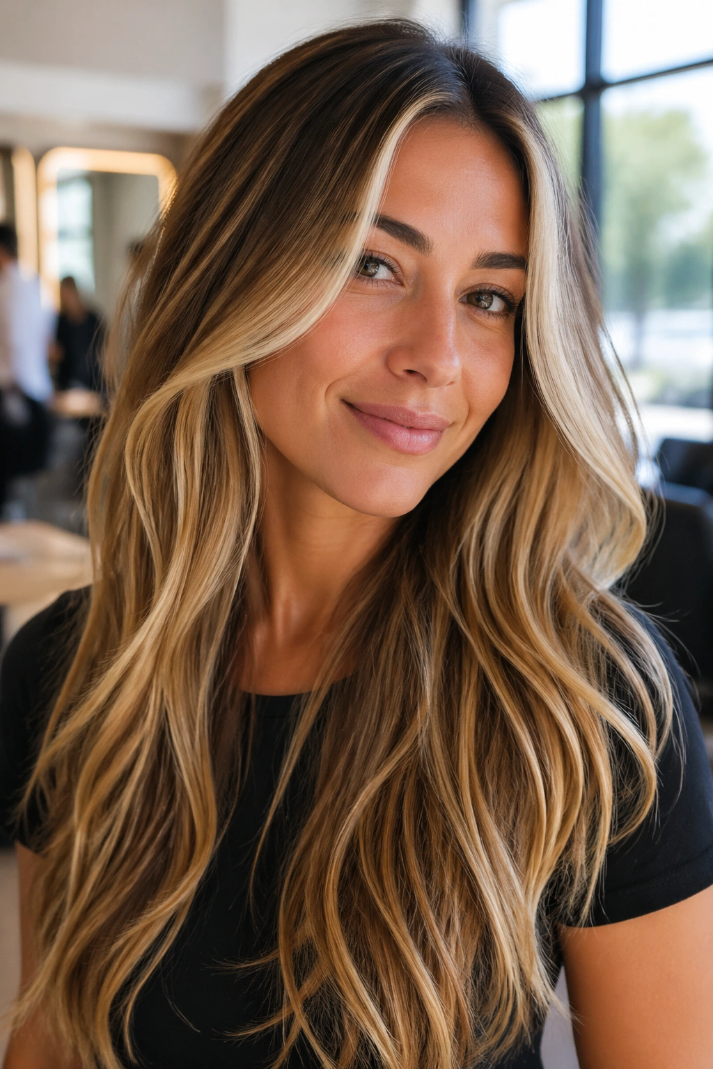 Close-up of a real woman with long hair featuring lighter front pieces framing the face.