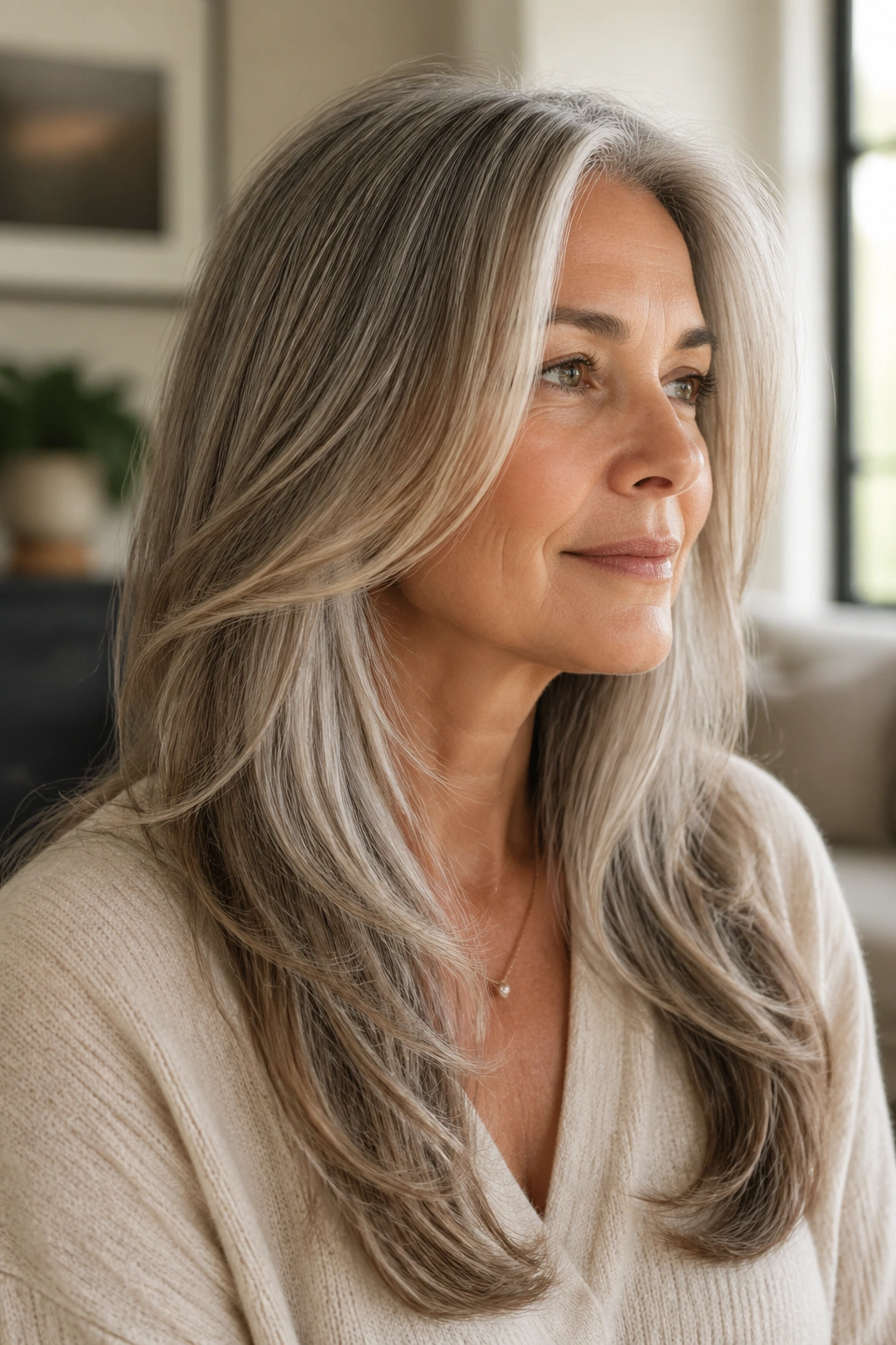 Close-up portrait of a woman with long face-framing layers below the chin