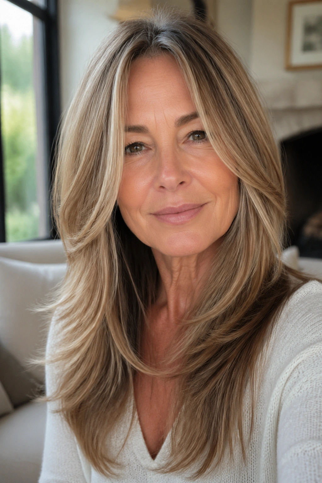 Close-up of a real woman with face-framing long layers around the face under natural light.
