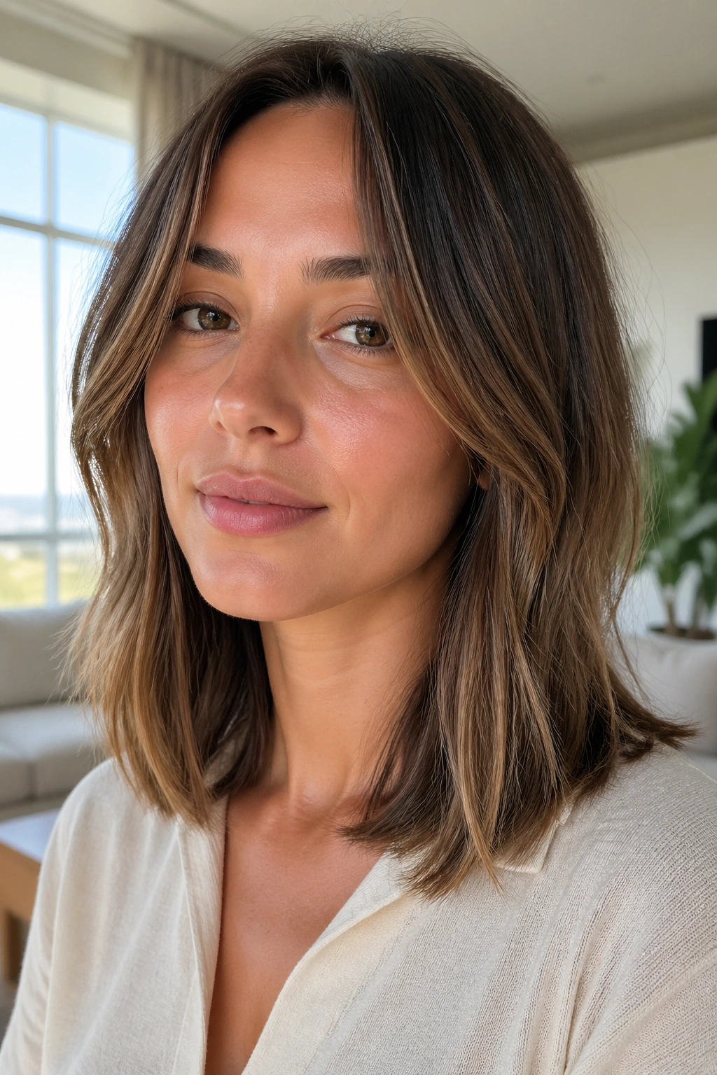 Close-up of a real person with face-framing front pieces around the jaw.