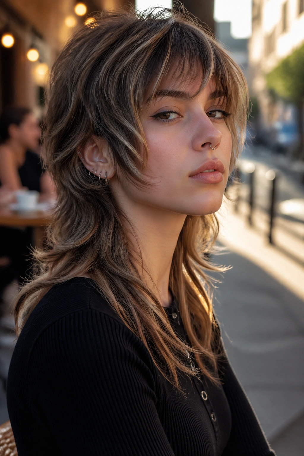 Three-quarter portrait of a real person with face-framing layered mullet in urban light