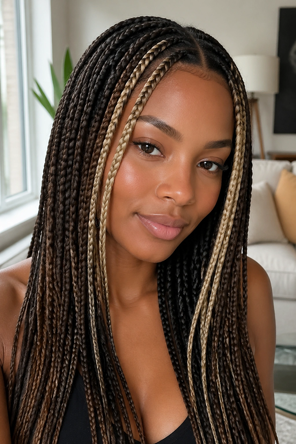 Knotless box braids with blonde face-framing pieces on a real person, front lighting emphasizes the lighter strands
