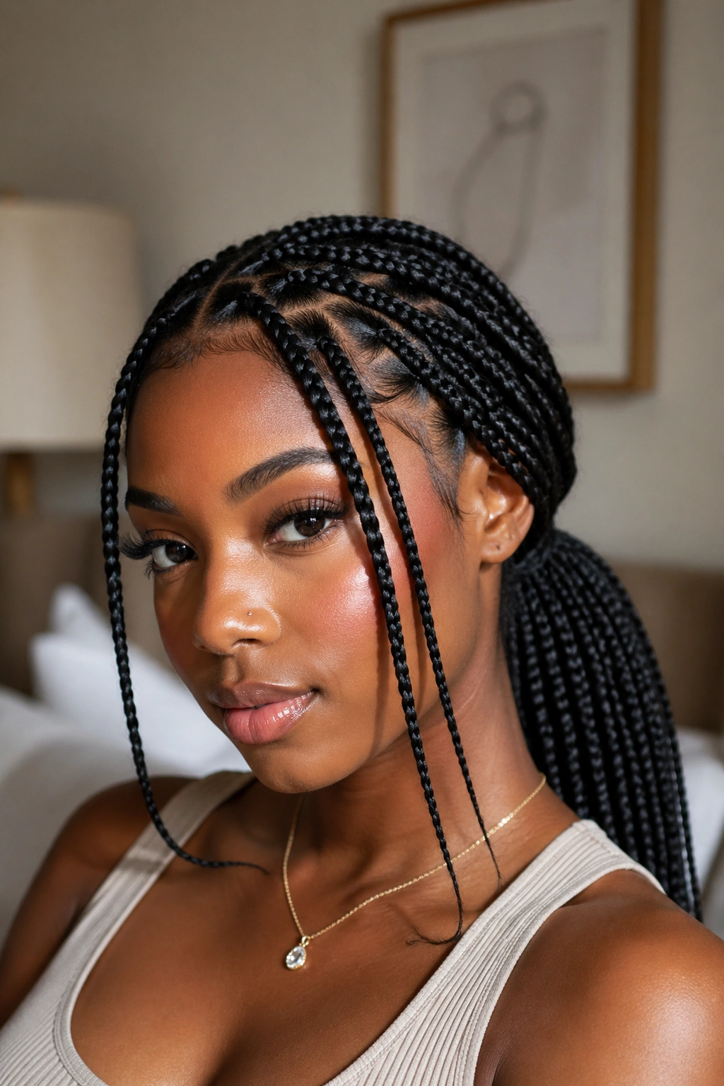 Close-up of a real woman with face-framing braids and a ponytail.