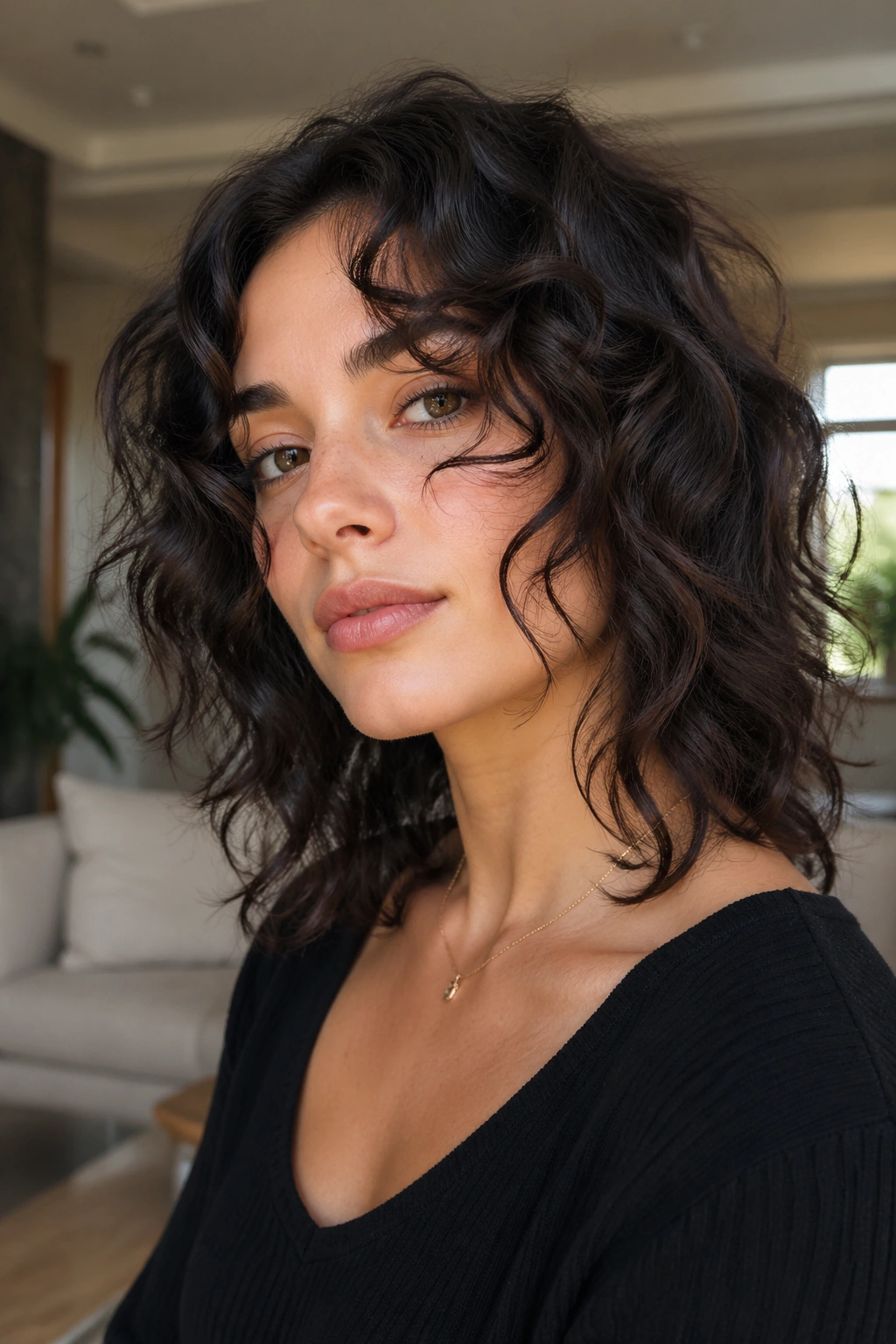 Close-up of a woman with face-framing ripple curls around temples