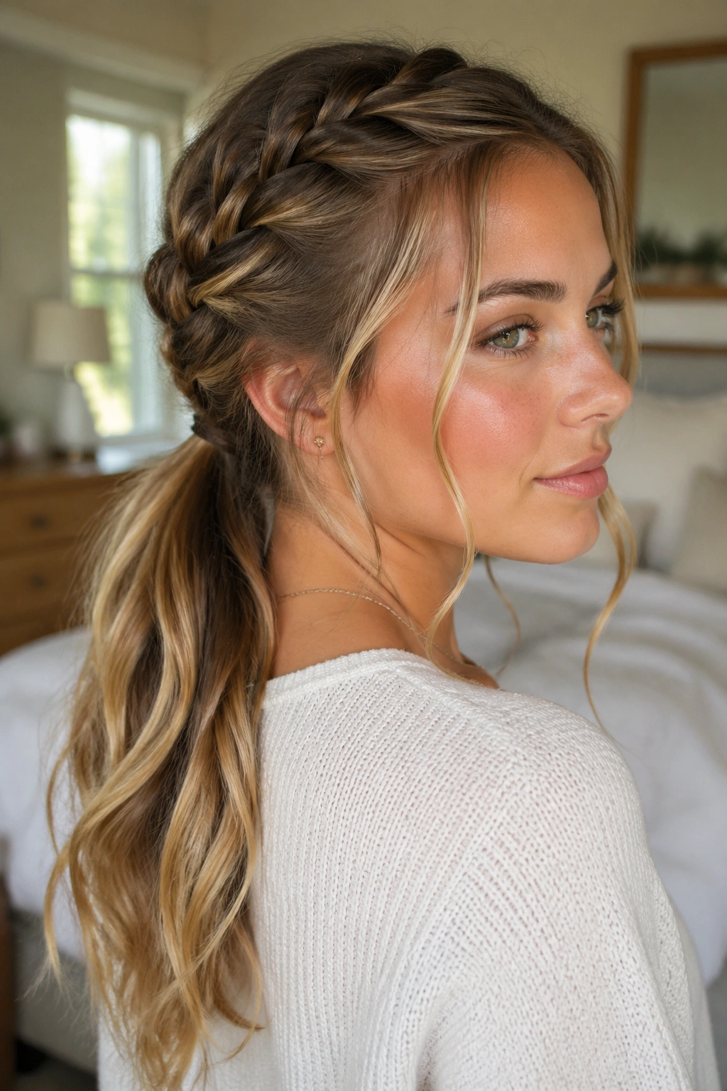 Close-up of face-framing snake braid ponytail with loose ends on a real person