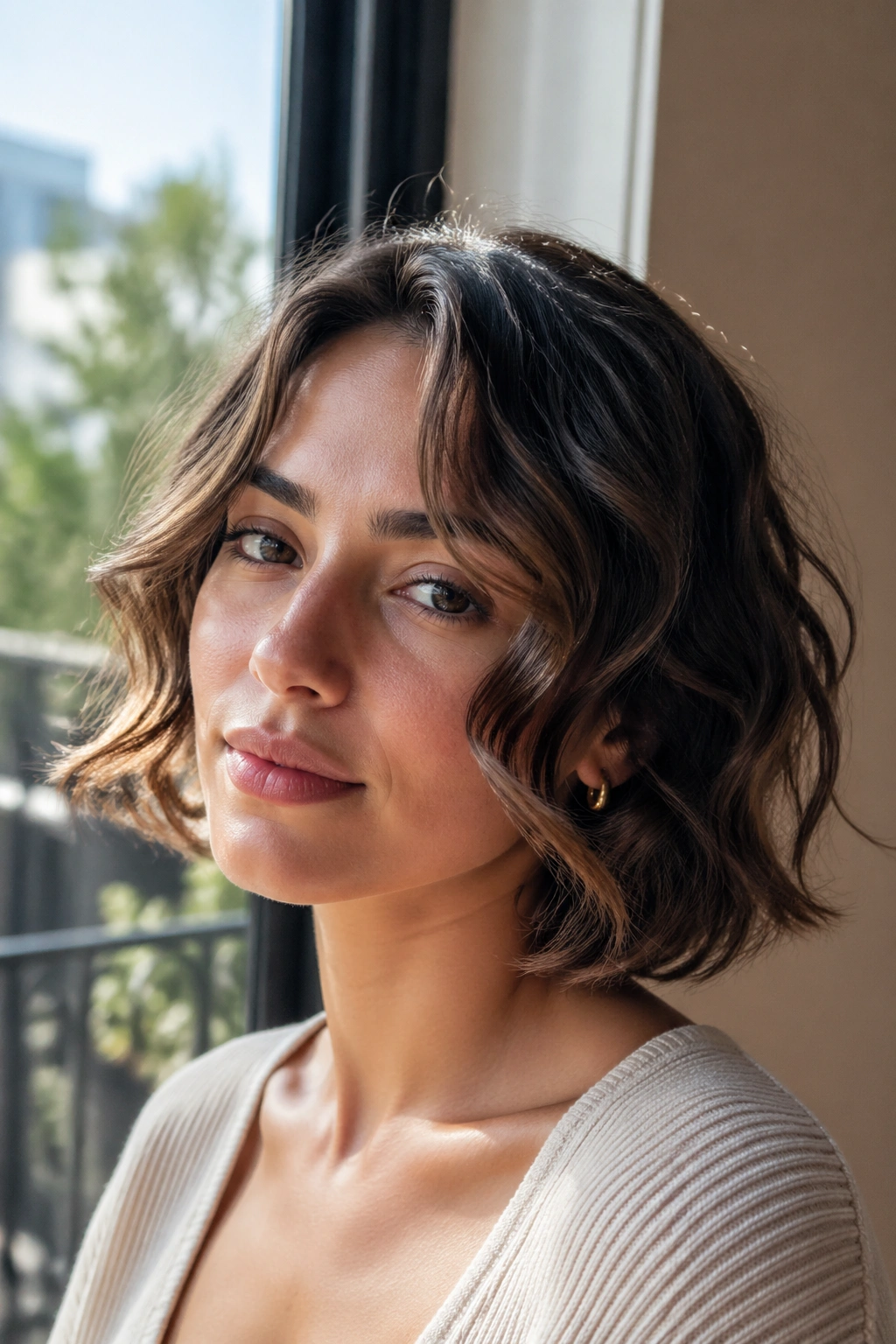 Close-up portrait of a real woman with a face-framing short lob