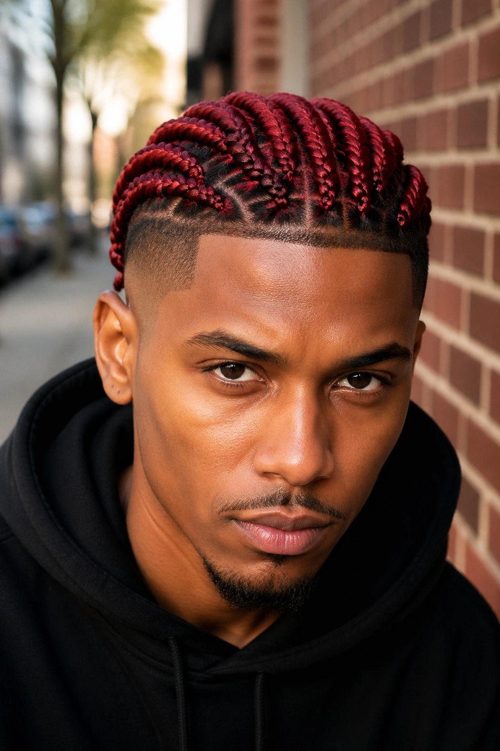 Real person with fade-side red box braids outdoors in morning light